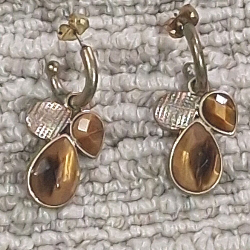 Gold Tone Brown Tiger Eye Teardrop Charm Hoop Dangle Pierced Earrings Women
